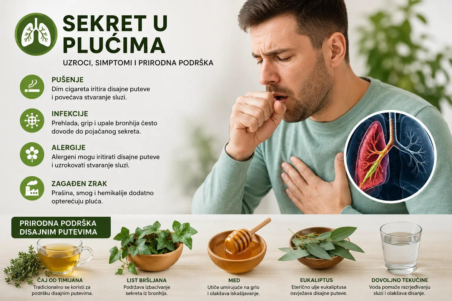 Pušenje, infekcije i alergije kao uzroci pojačanog sekreta u plućima